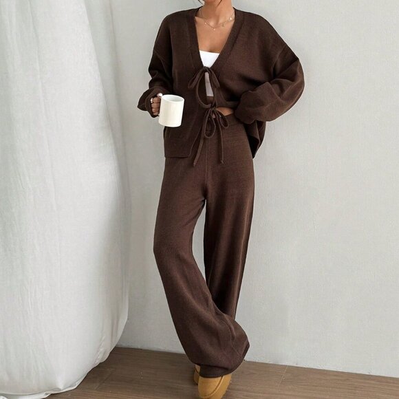 Brown Casual Women's Tie-Front Cardigan And Sweatpants Set - Picture 3 of 7